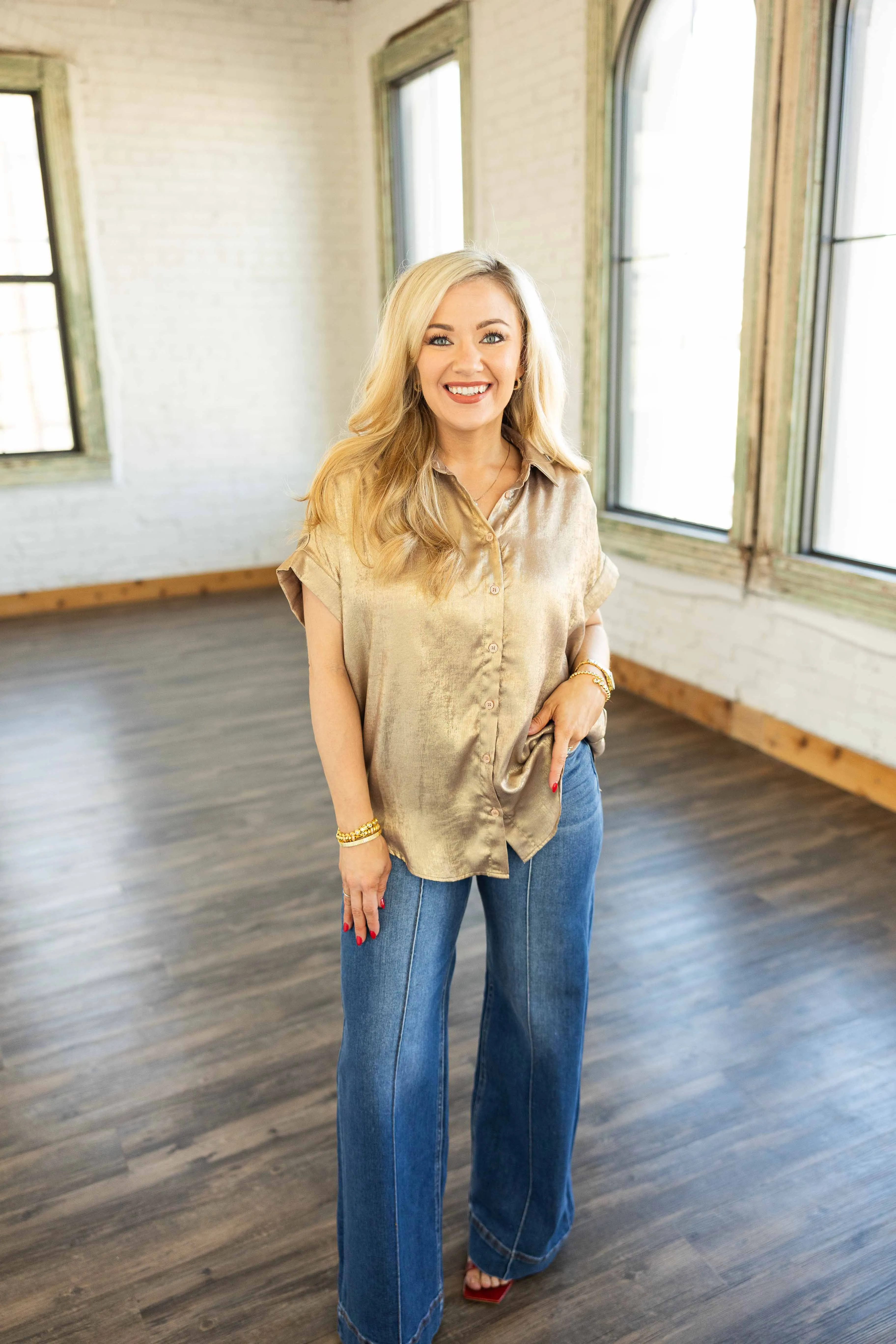 SHIMMERY NIGHT TAUPE BUTTON DOWN TOP