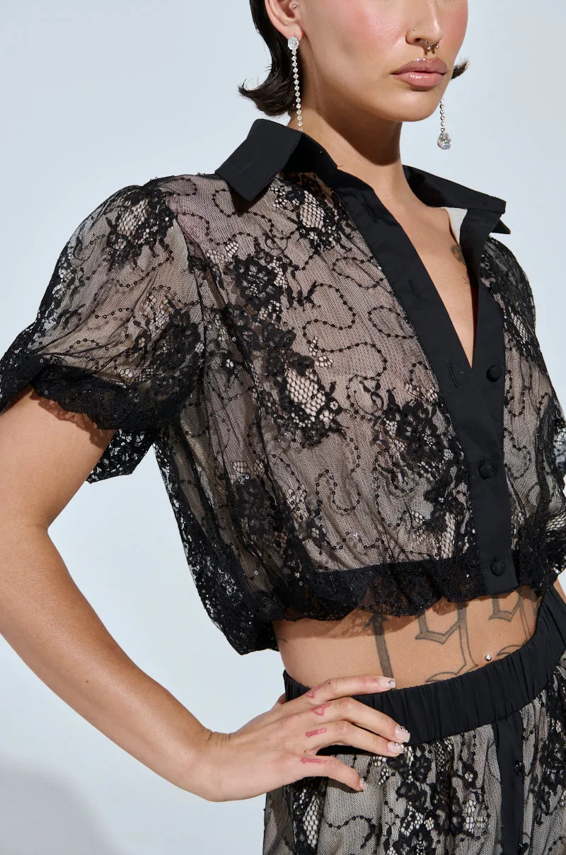 SHINE ON YOU LACE BUTTON DOWN TOP