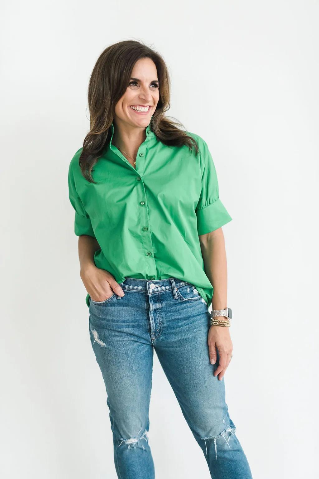 Short Sleeve Ruffle Shirt Green