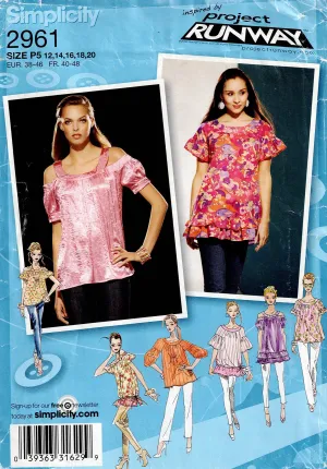 Simplicity 2961 PROJECT RUNWAY Womens Raglan Sleeve Cold Shoulder Tops Out Of Print Sewing Pattern Sizes 12 - 20 UNCUT Factory Folded