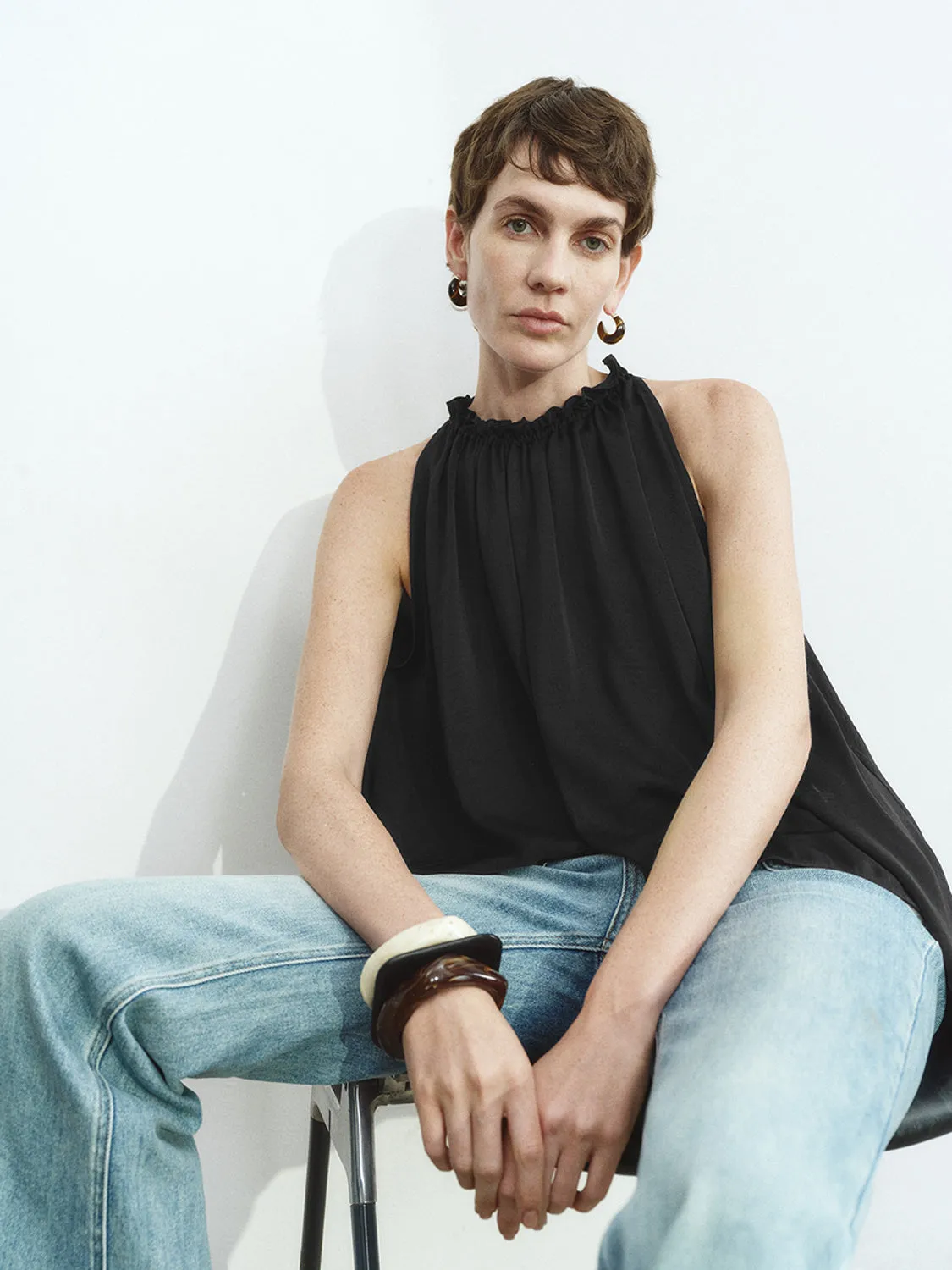 Sleeveless Ruffle Tie Blouses