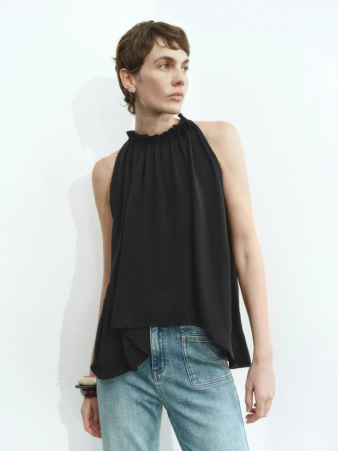 Sleeveless Ruffle Tie Blouses