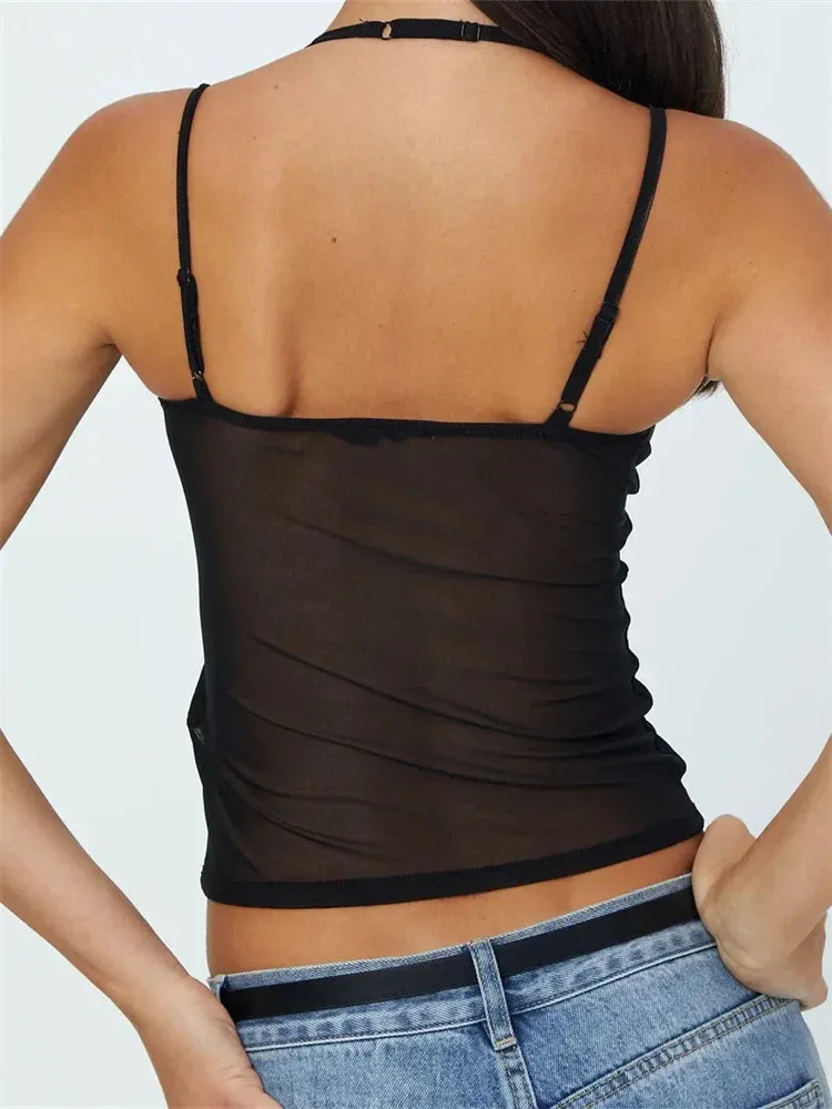 Sleeveless Strap Patchwork Mesh Tank Crop Top