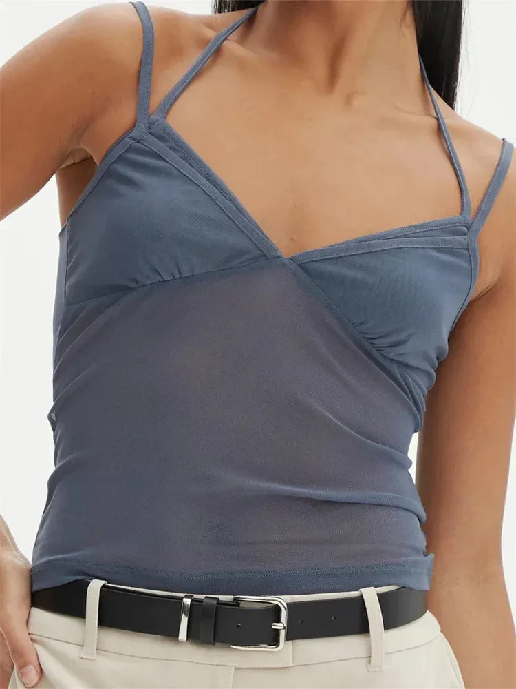 Sleeveless Strap Patchwork Mesh Tank Crop Top