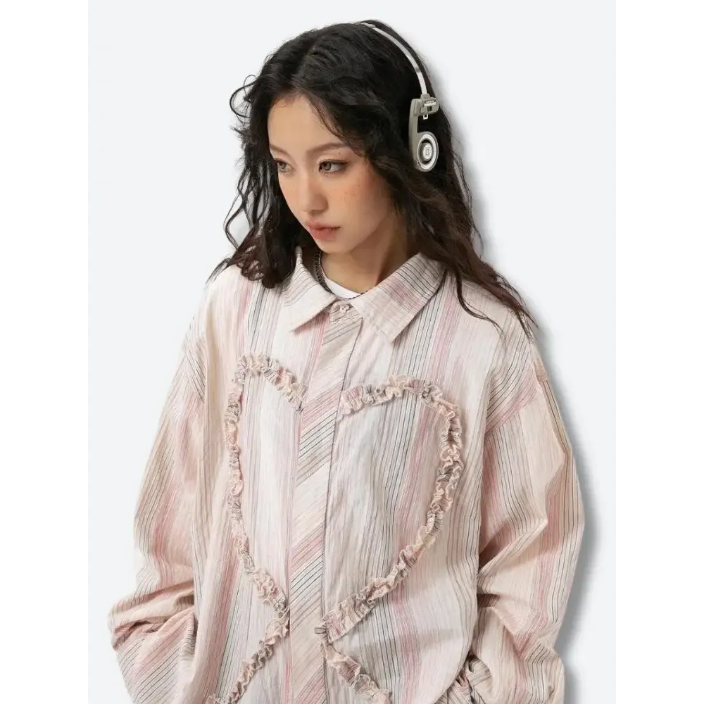 Soft Girl Shirt with Striped Pattern and Ruffled Heart Design