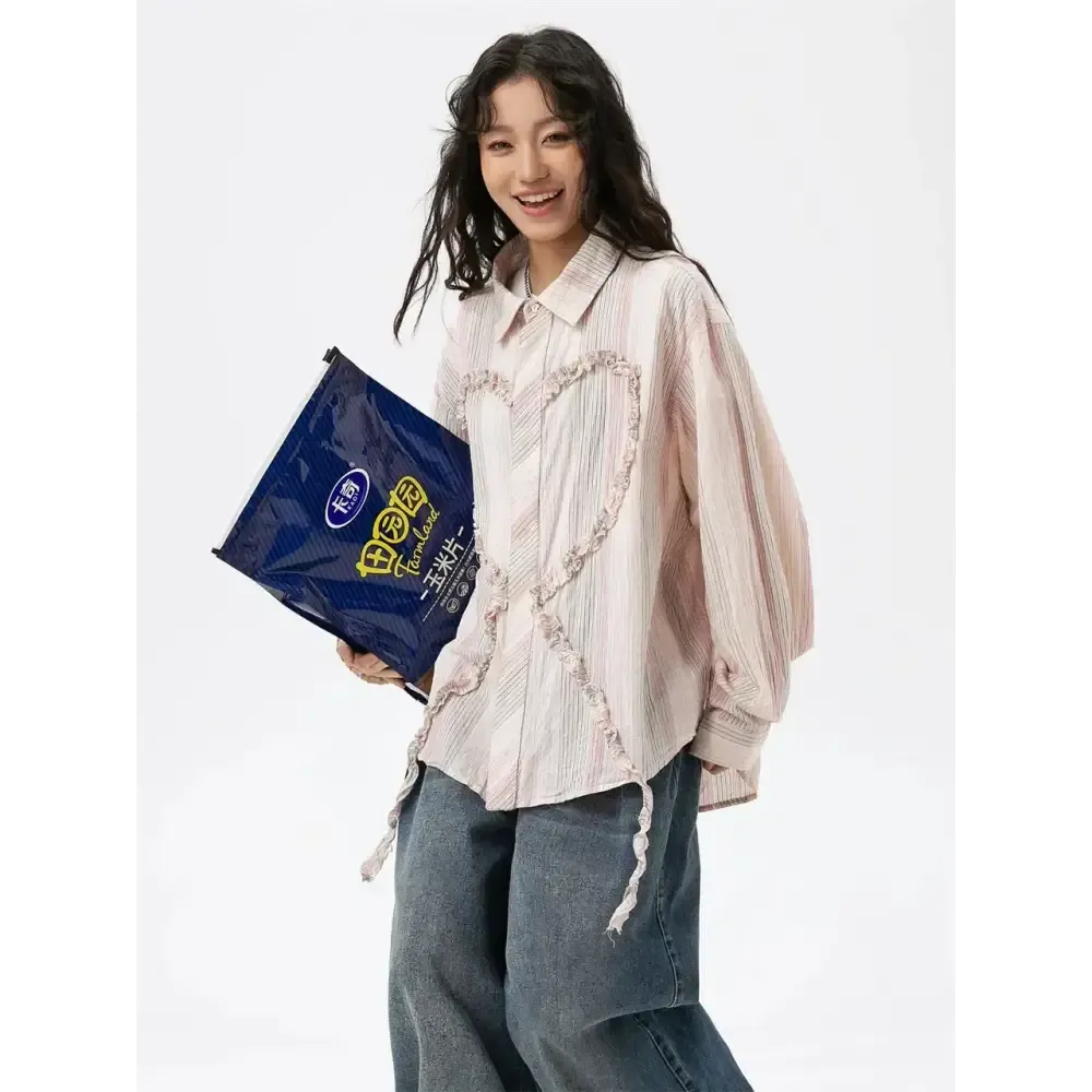 Soft Girl Shirt with Striped Pattern and Ruffled Heart Design