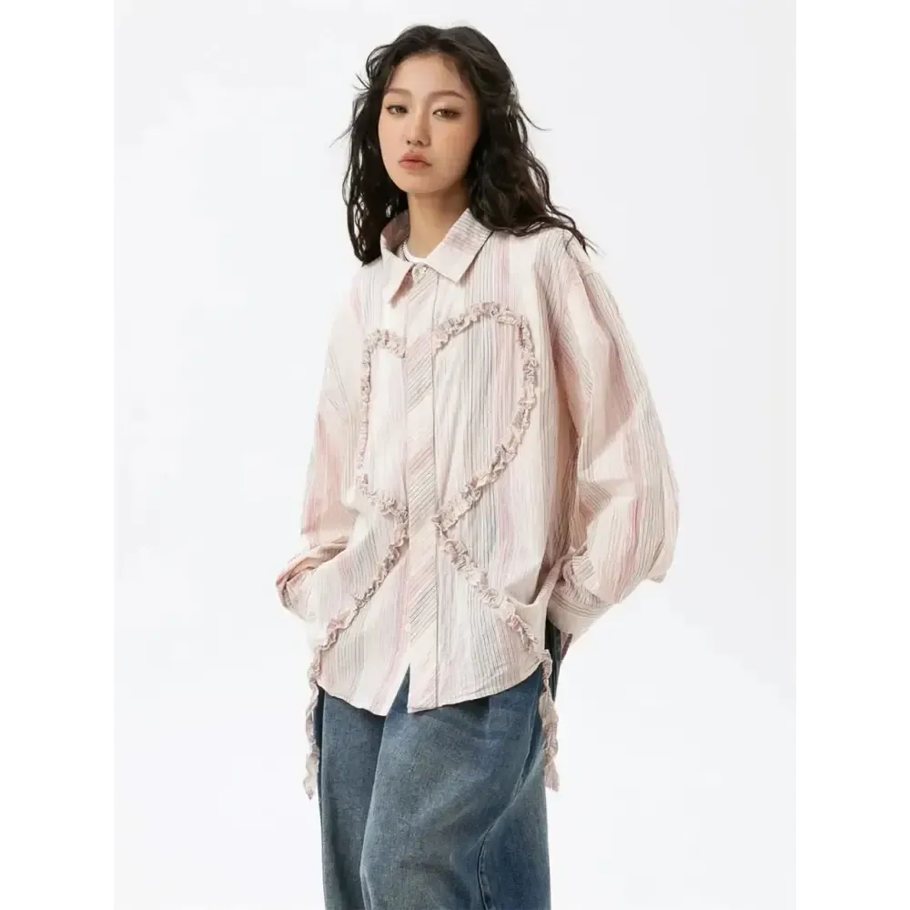 Soft Girl Shirt with Striped Pattern and Ruffled Heart Design