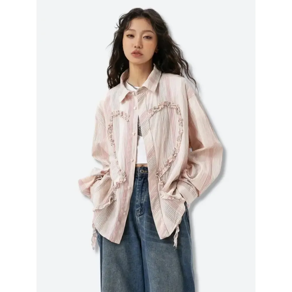 Soft Girl Shirt with Striped Pattern and Ruffled Heart Design
