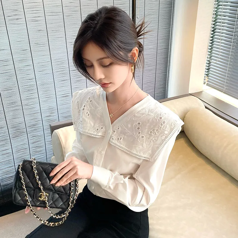 Solid Embroidered Chiffon Blouse with Beautiful Broderie Design