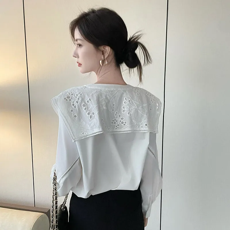 Solid Embroidered Chiffon Blouse with Beautiful Broderie Design