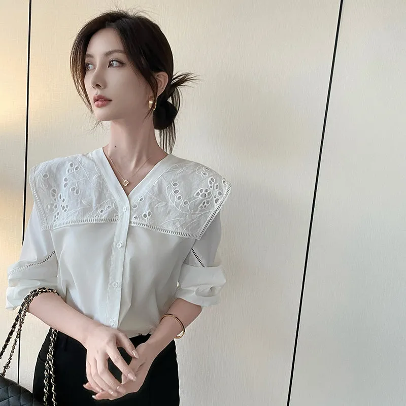 Solid Embroidered Chiffon Blouse with Beautiful Broderie Design