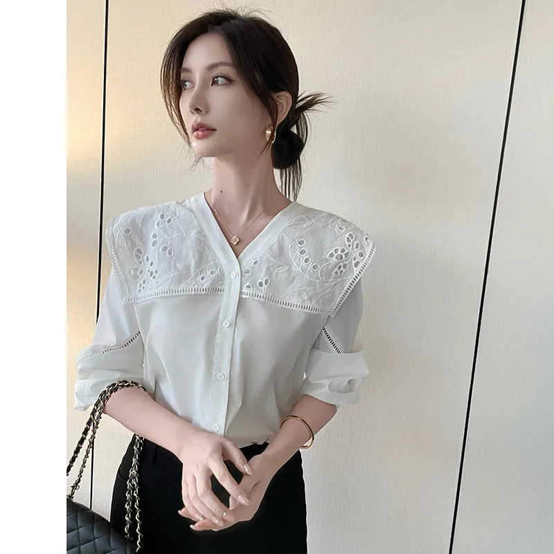 Solid Embroidered Chiffon Blouse with Beautiful Broderie Design