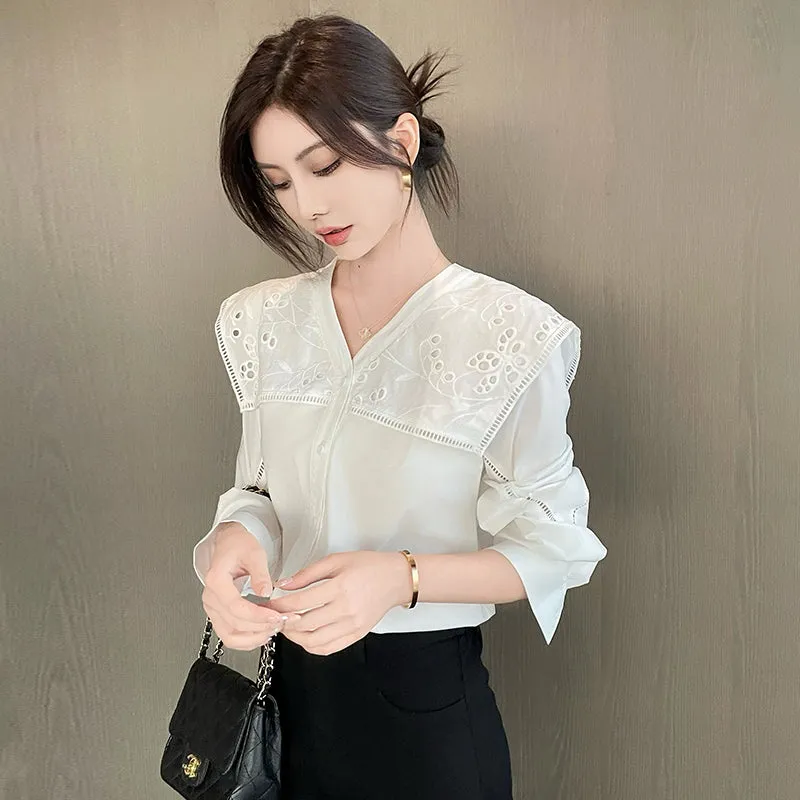 Solid Embroidered Chiffon Blouse with Beautiful Broderie Design