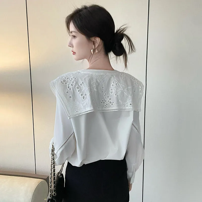 Solid Embroidered Chiffon Blouse with Beautiful Broderie Design
