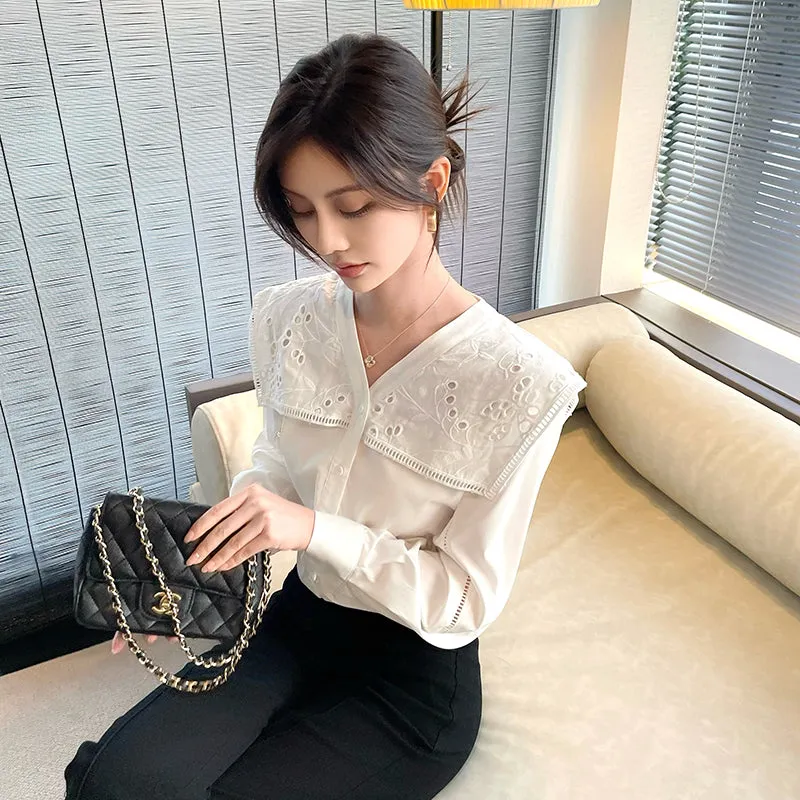 Solid Embroidered Chiffon Blouse with Beautiful Broderie Design