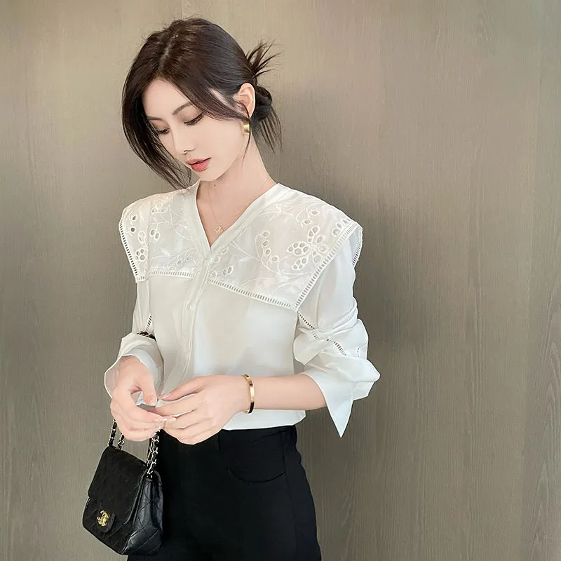 Solid Embroidered Chiffon Blouse with Beautiful Broderie Design