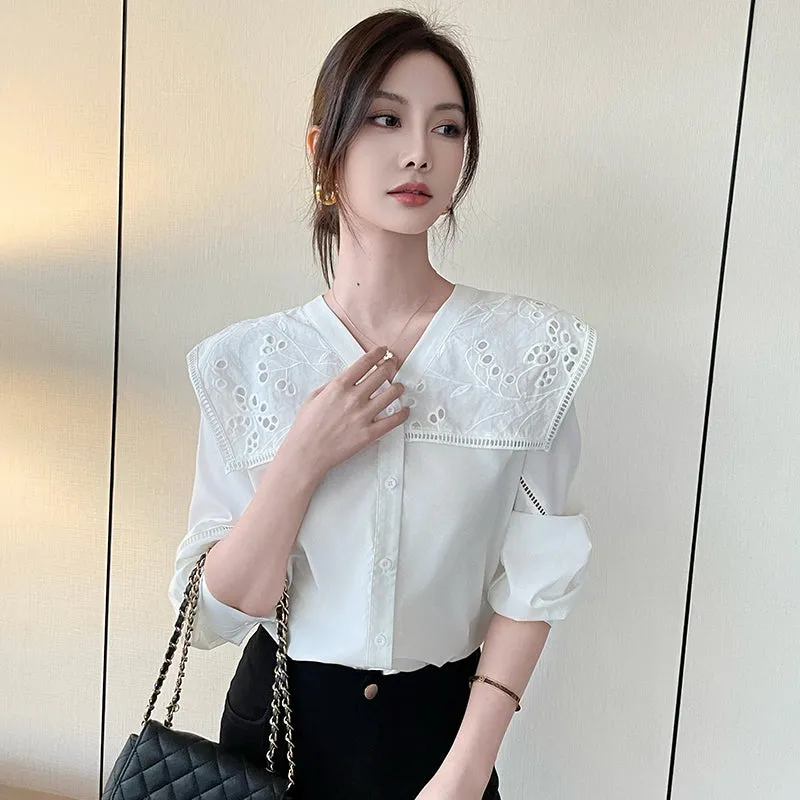 Solid Embroidered Chiffon Blouse with Beautiful Broderie Design