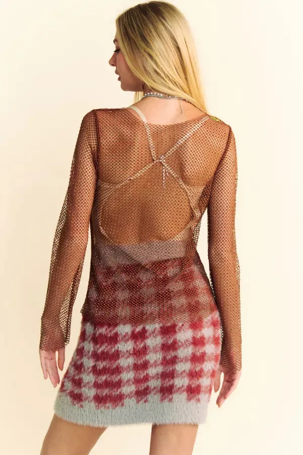 SPARKLING DIAMANTE DETAIL SHEER MESH MOCK NECK TOP