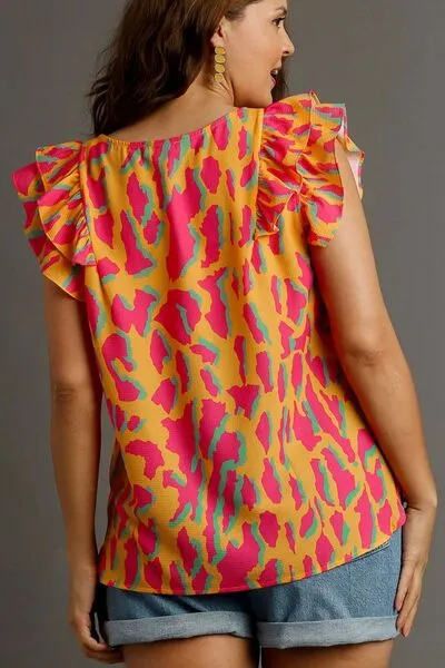 Spice Things Up: Abstract Print V-Neck Double Layer Ruffle Sleeve Blouse