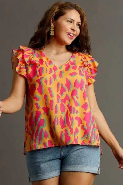 Spice Things Up: Abstract Print V-Neck Double Layer Ruffle Sleeve Blouse