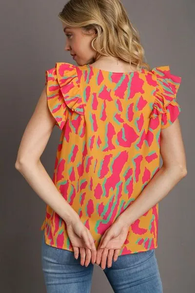 Spice Things Up: Abstract Print V-Neck Double Layer Ruffle Sleeve Blouse