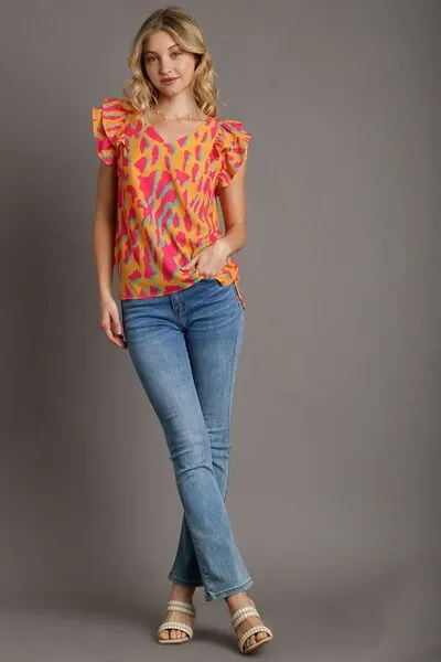 Spice Things Up: Abstract Print V-Neck Double Layer Ruffle Sleeve Blouse
