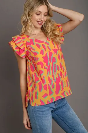 Spice Things Up: Abstract Print V-Neck Double Layer Ruffle Sleeve Blouse