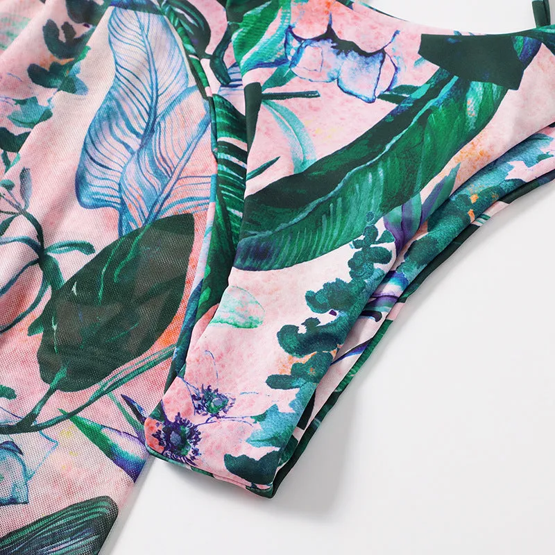 Split Mesh Three-piece Leafy Bikini