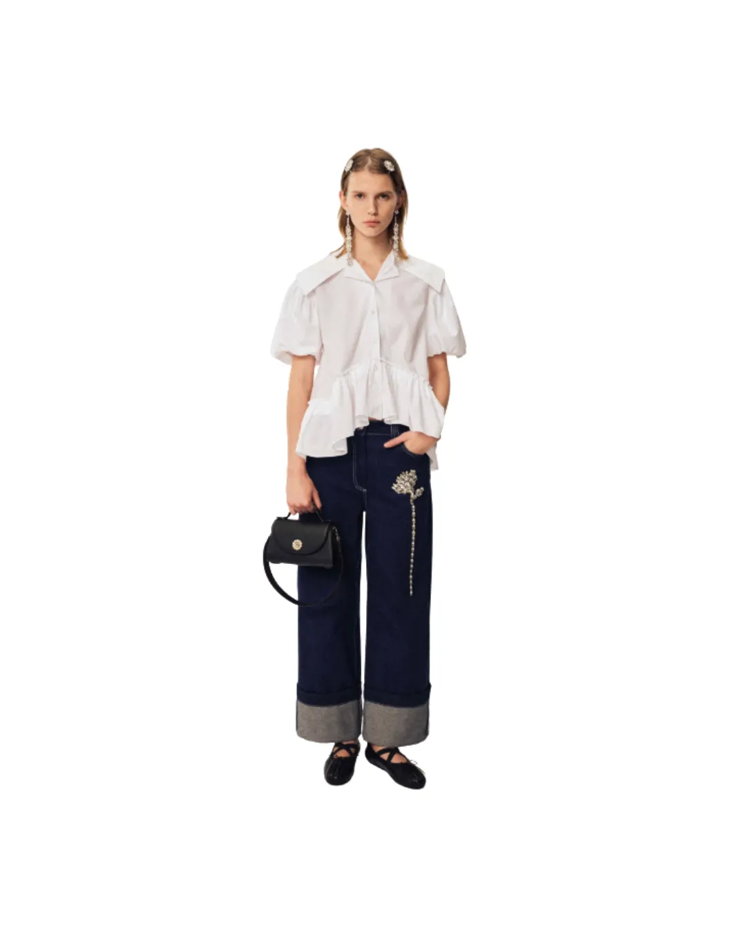 Straight Cuff Detail Boyfriend Jeans W/ Emb