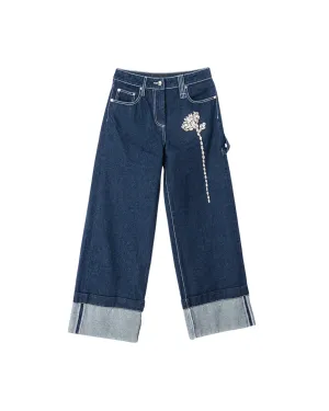 Straight Cuff Detail Boyfriend Jeans W/ Emb