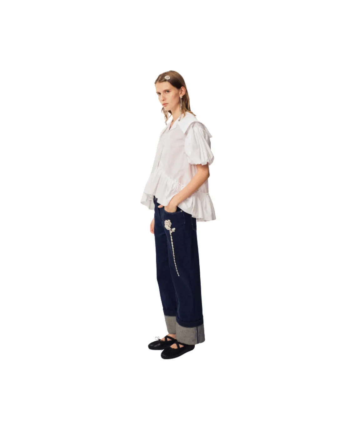 Straight Cuff Detail Boyfriend Jeans W/ Emb