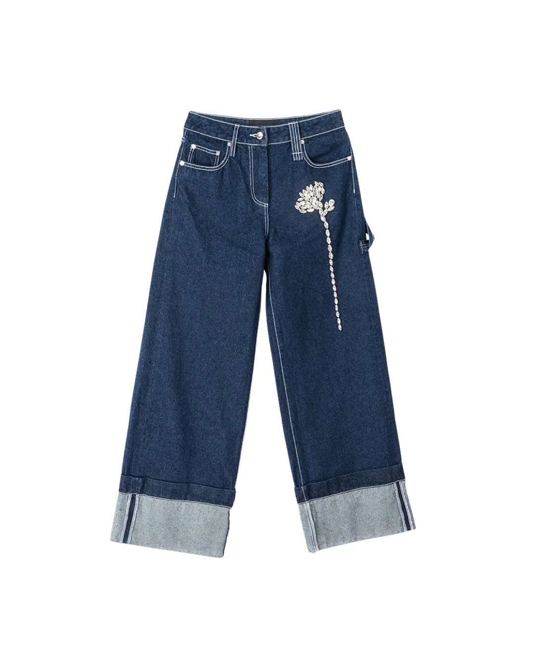 Straight Cuff Detail Boyfriend Jeans W/ Emb