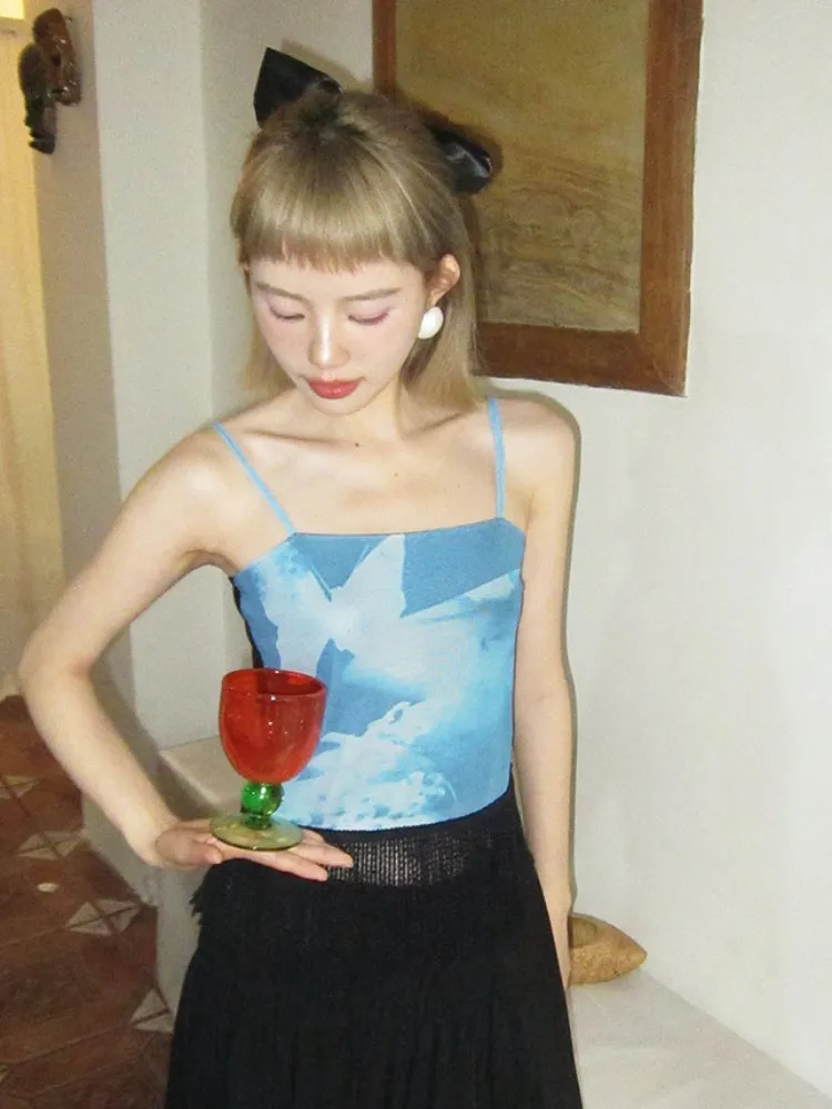 stretch printed mesh tassel suspender top