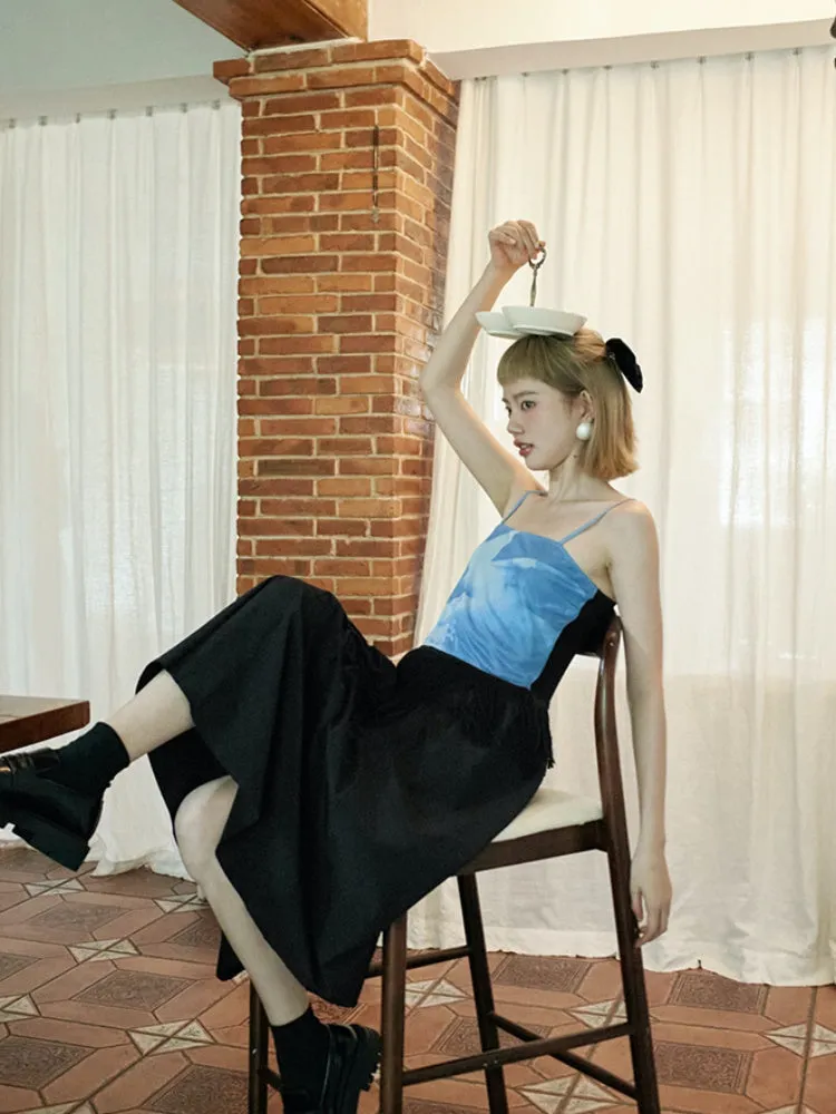 stretch printed mesh tassel suspender top