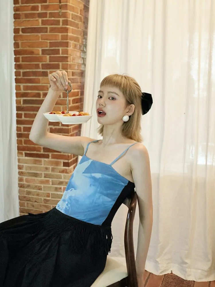 stretch printed mesh tassel suspender top