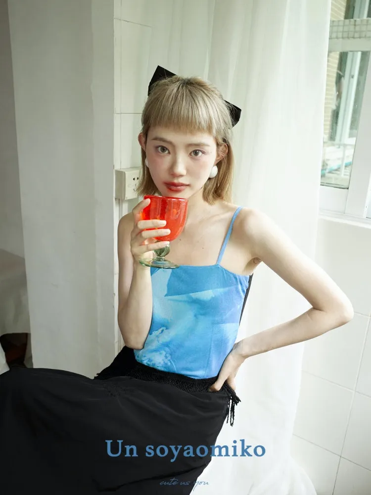 stretch printed mesh tassel suspender top