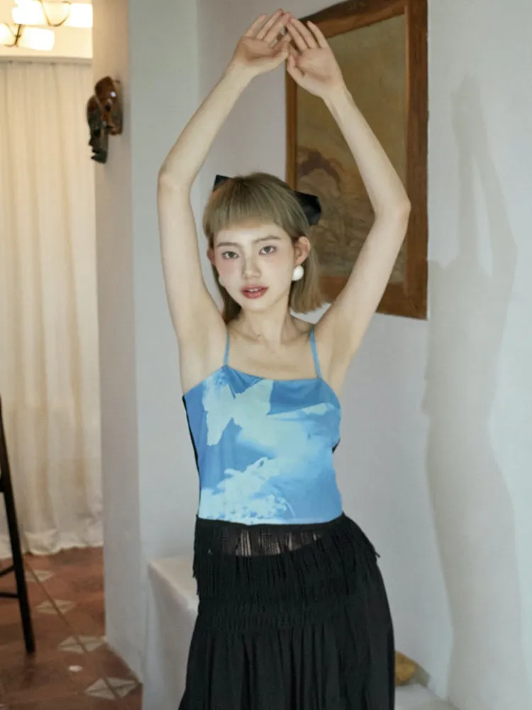 stretch printed mesh tassel suspender top
