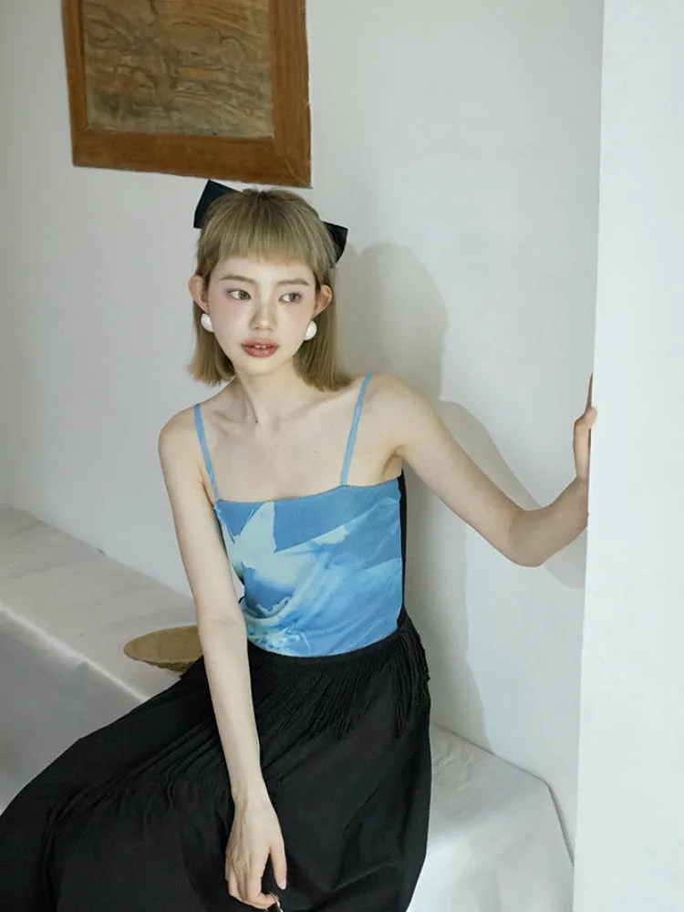 stretch printed mesh tassel suspender top
