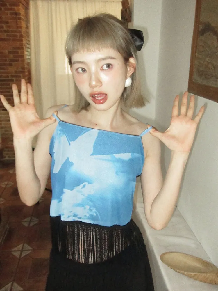 stretch printed mesh tassel suspender top