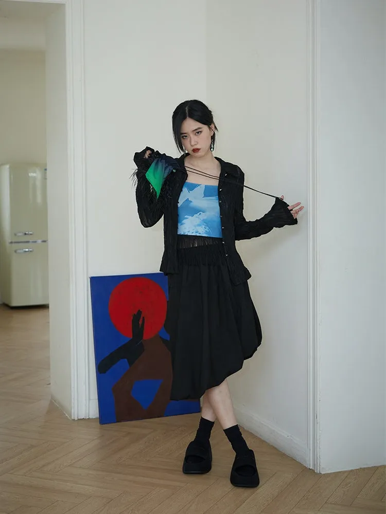 stretch printed mesh tassel suspender top