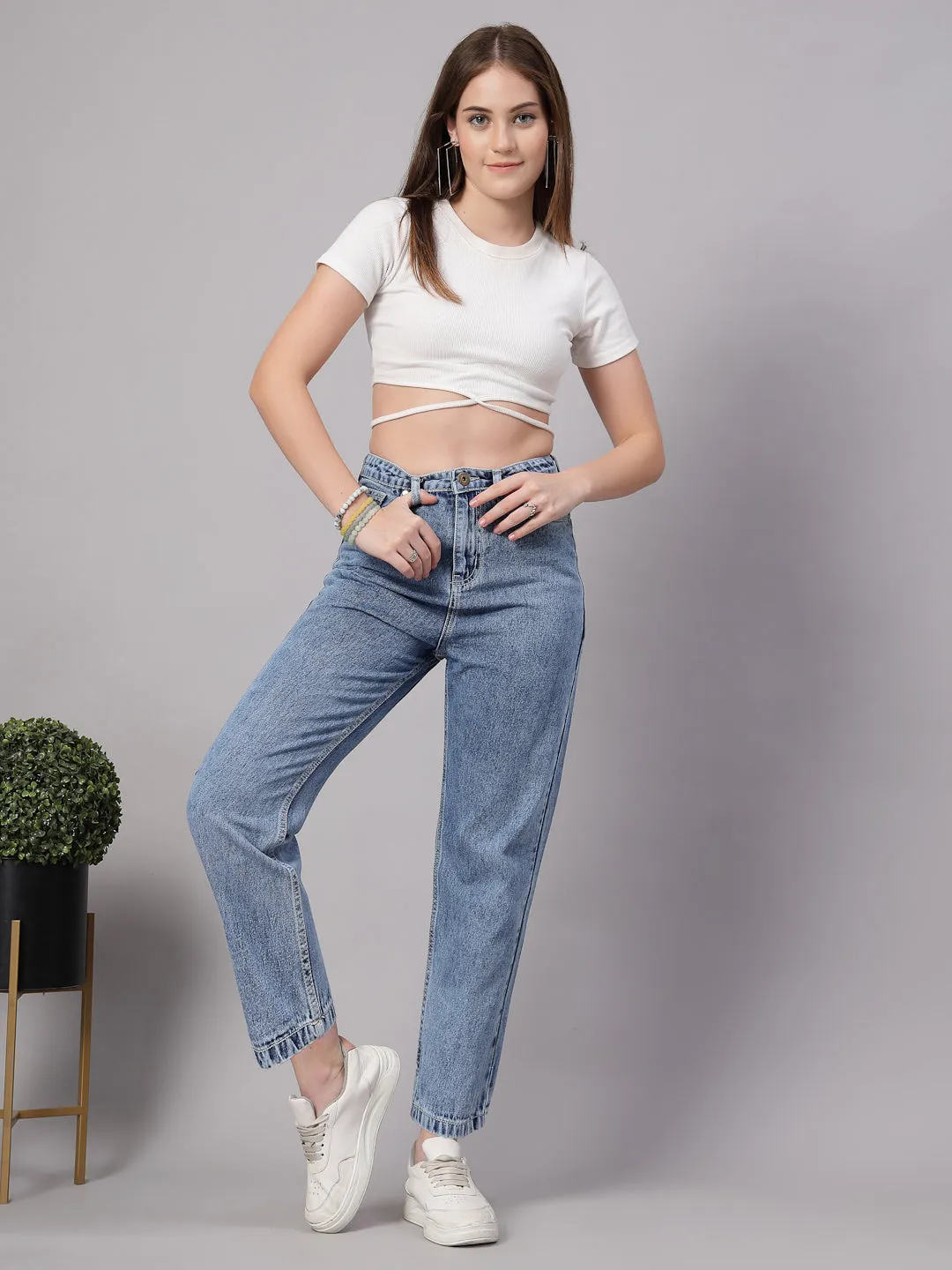 Style Quotient Women Mid Blue Mom Fit High Rise Jeans