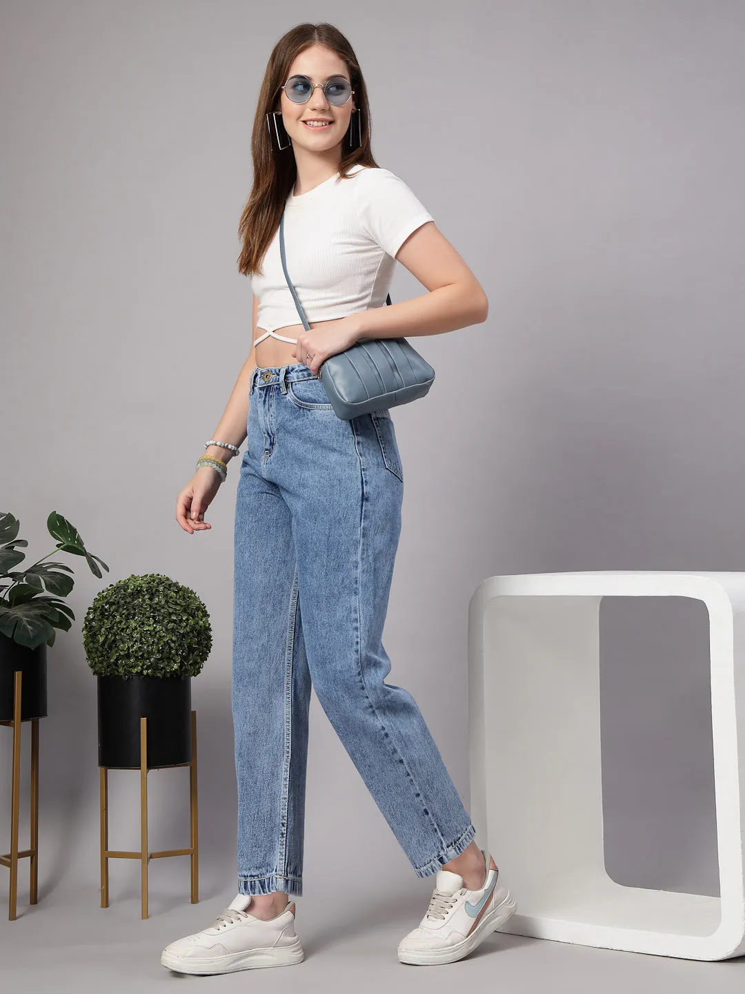 Style Quotient Women Mid Blue Mom Fit High Rise Jeans
