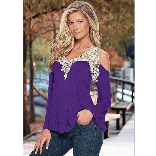 Summer Style Women Blouses Shirt Off Shoulder Long Sleeve V-Neck Lace Strapless Women Tops