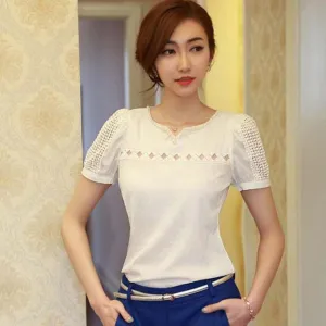 Summer woman short sleeve Vest Blouses girl Chiffon Shirt Solid V-Neck Casual Female Slim Hollow lace top Blusas slim camisa 2xL