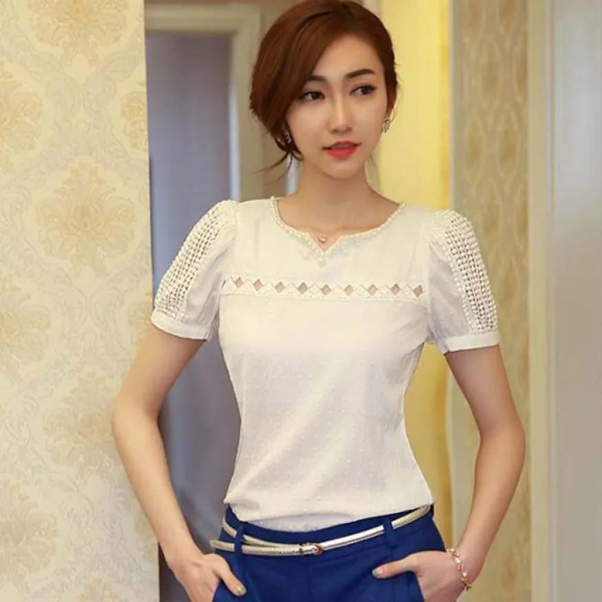 Summer woman short sleeve Vest Blouses girl Chiffon Shirt Solid V-Neck Casual Female Slim Hollow lace top Blusas slim camisa 2xL