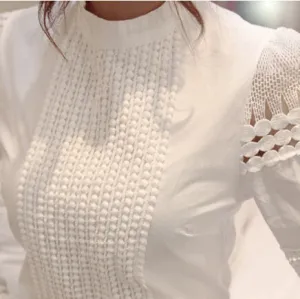 Summer Women Blouses Slim Bottoming Long-sleeved White Shirt Lace Hook Flower Hollow Casual Shirts Blouse Plus Size 5xl