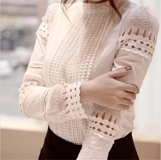 Summer Women Blouses Slim Bottoming Long-sleeved White Shirt Lace Hook Flower Hollow Casual Shirts Blouse Plus Size 5xl