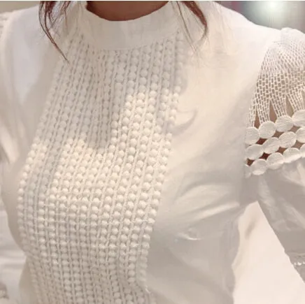 Summer Women Blouses Slim Bottoming Long-sleeved White Shirt Lace Hook Flower Hollow Casual Shirts Blouse Plus Size 5xl