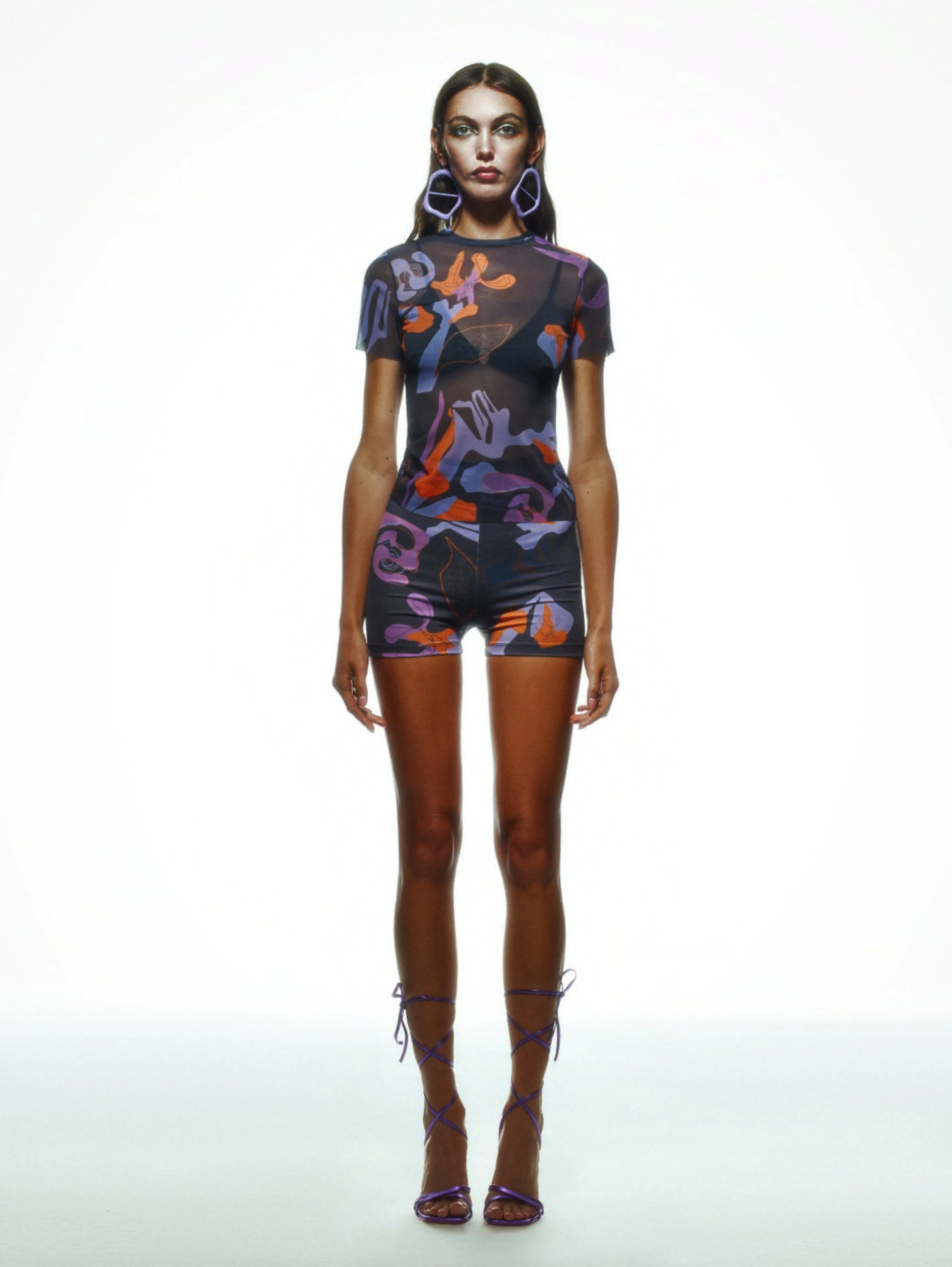 Tainted Flower Half Sleeve Mesh Top in Black