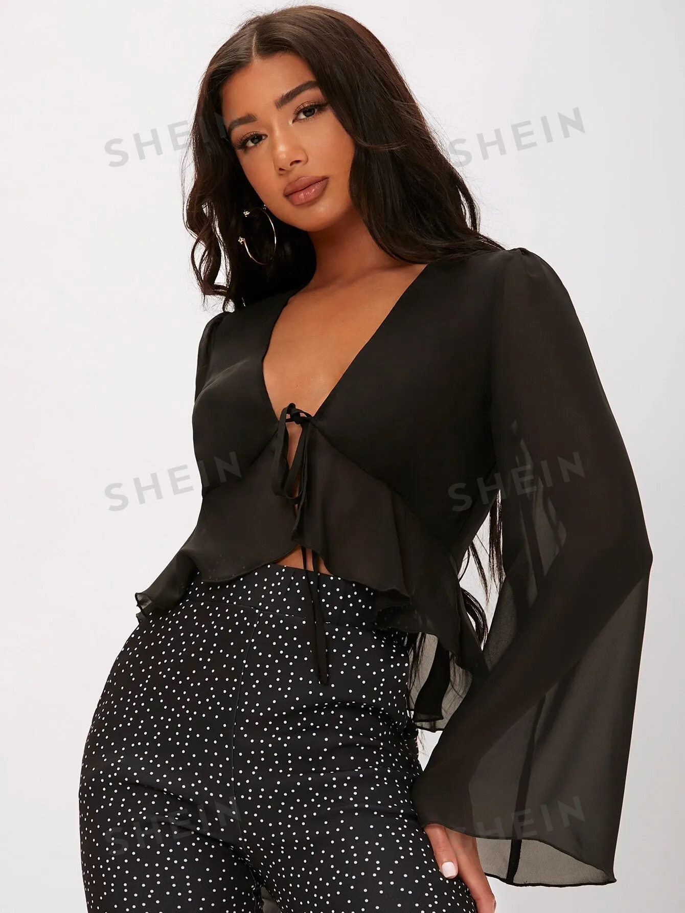 Tall Tie Front Ruffle Hem Top